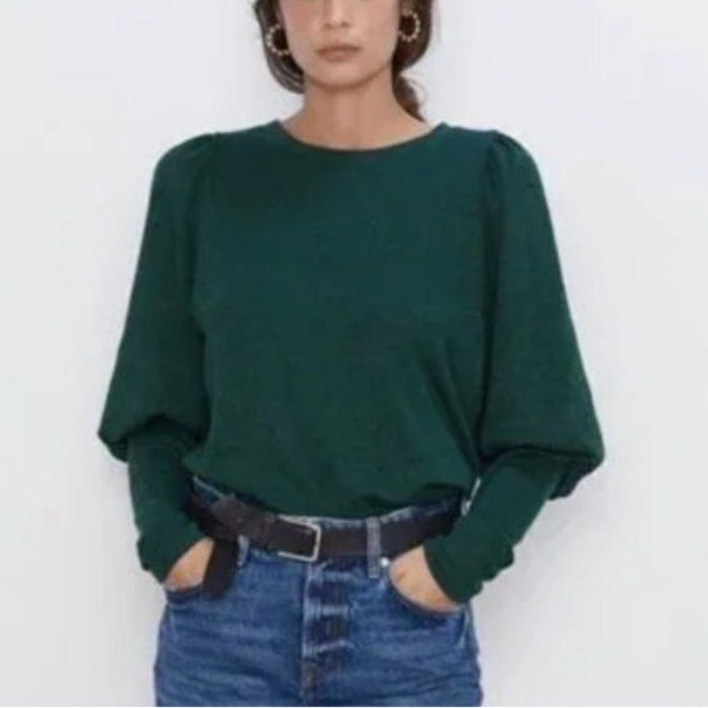ZARA HUNTER GREEN RIBBED PUFF SLEEVE KNIT TOP S